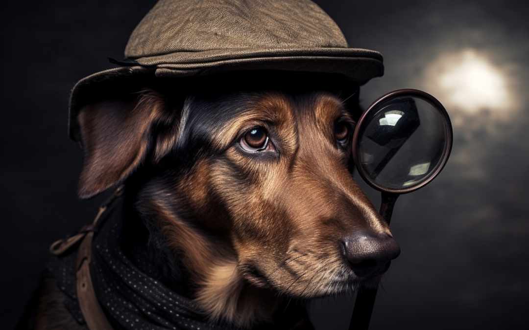 hond in detectivekostuum met een vergrootglas