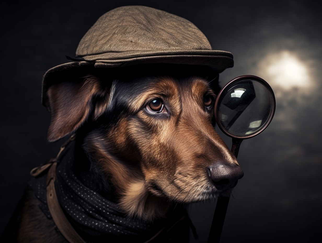 hond in detectivekostuum met een vergrootglas